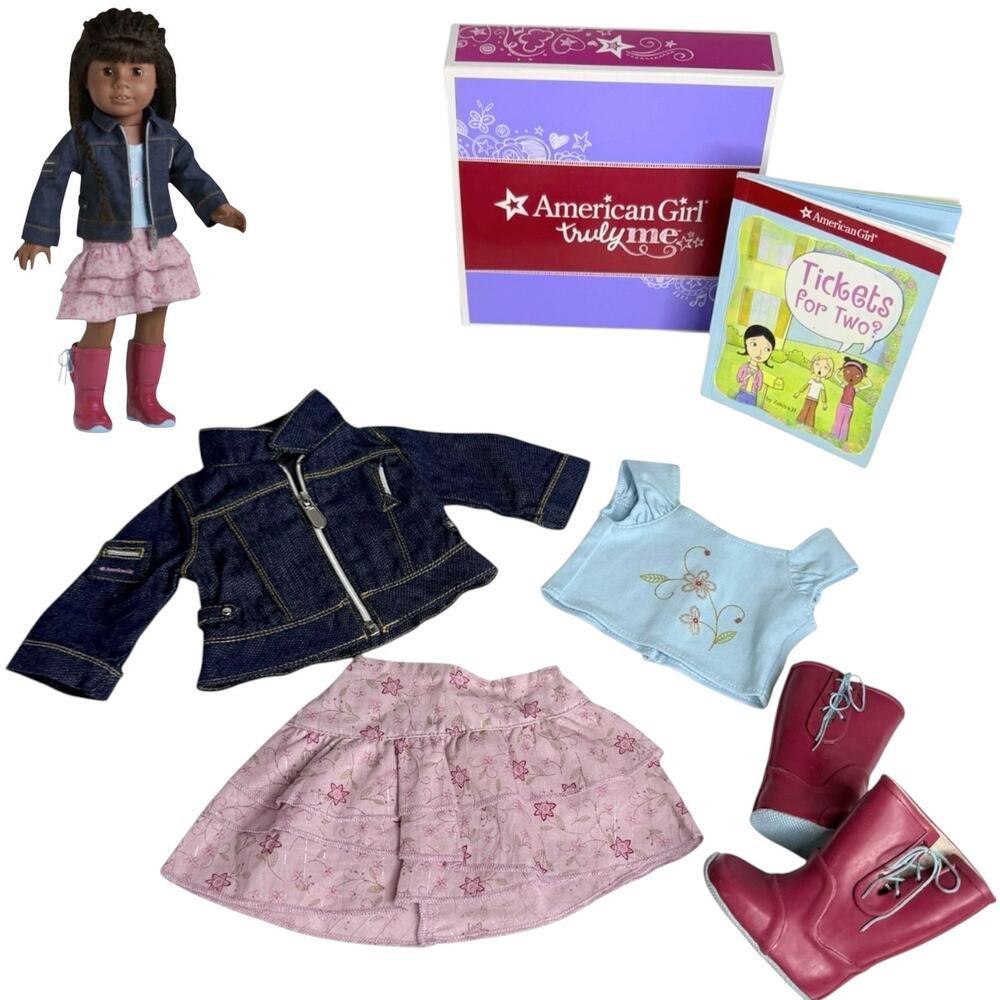 American Girl Pretty Print Outfit Floral Jean Jacket Skirt Top Boots Book Box